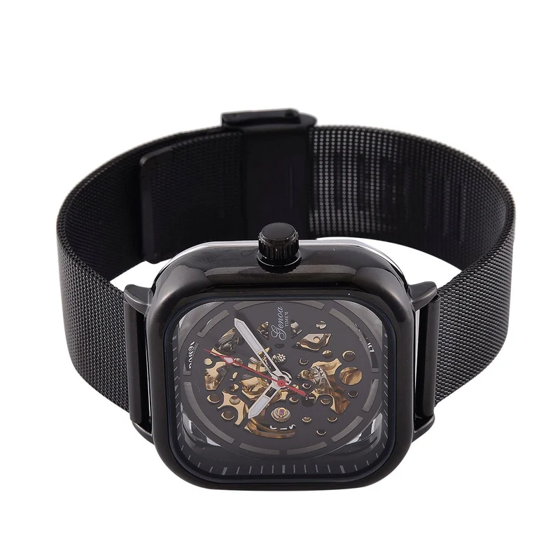 GENOA TIME V2 42mm Automatische Mechanikuhr - Schwarzes hohles Zifferblatt, Gehäuse aus Legierung mit IPS-Beschichtung, Edelstahl-Mesh-Armband, 3 ATM wasserdicht, Reiner Edelstahl 8.5 cm