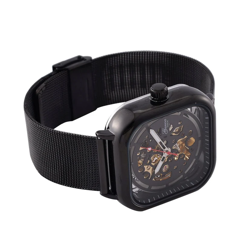 GENOA TIME V2 42mm Automatische Mechanikuhr - Schwarzes hohles Zifferblatt, Gehäuse aus Legierung mit IPS-Beschichtung, Edelstahl-Mesh-Armband, 3 ATM wasserdicht, Reiner Edelstahl 8.5 cm