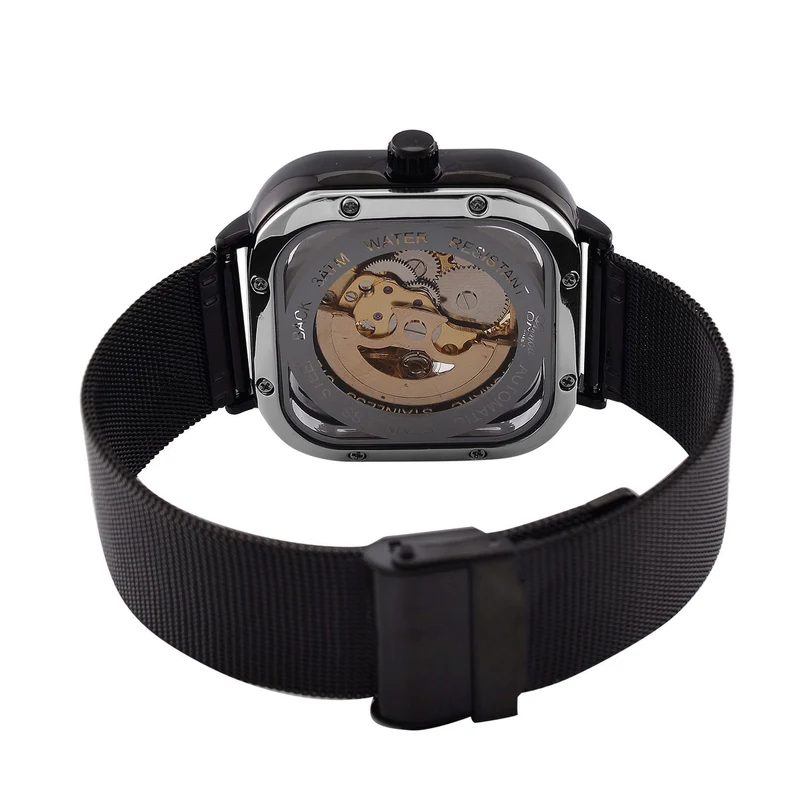 GENOA TIME V2 42mm Automatische Mechanikuhr - Schwarzes hohles Zifferblatt, Gehäuse aus Legierung mit IPS-Beschichtung, Edelstahl-Mesh-Armband, 3 ATM wasserdicht, Reiner Edelstahl 8.5 cm