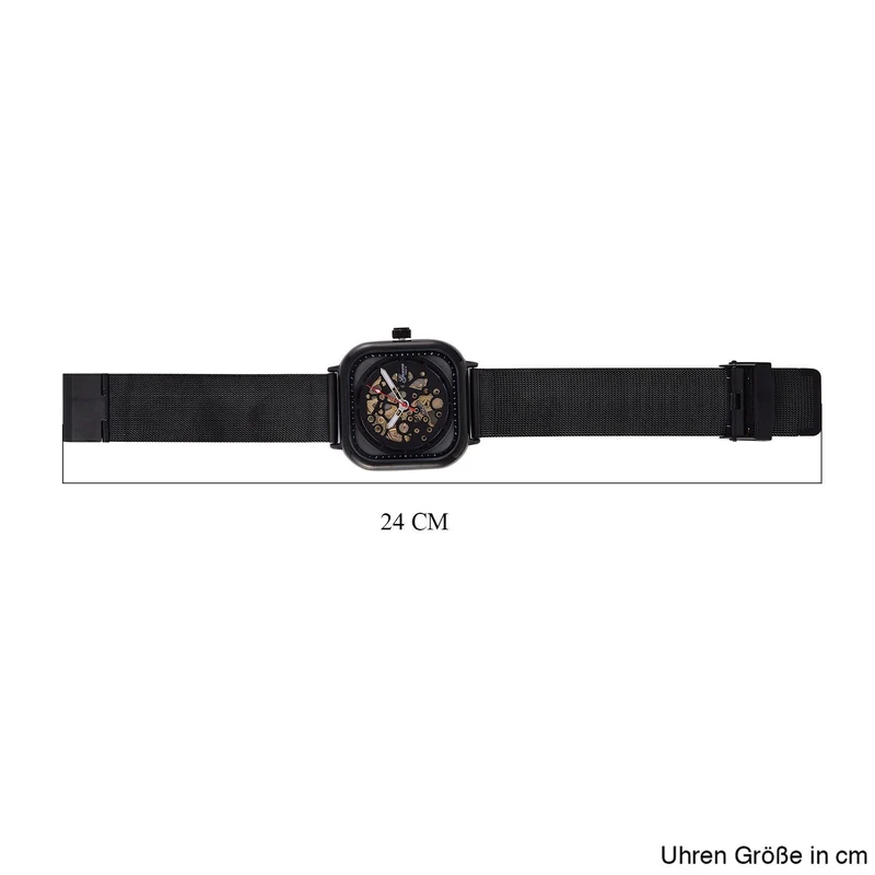 GENOA TIME V2 42mm Automatische Mechanikuhr - Schwarzes hohles Zifferblatt, Gehäuse aus Legierung mit IPS-Beschichtung, Edelstahl-Mesh-Armband, 3 ATM wasserdicht, Reiner Edelstahl 8.5 cm