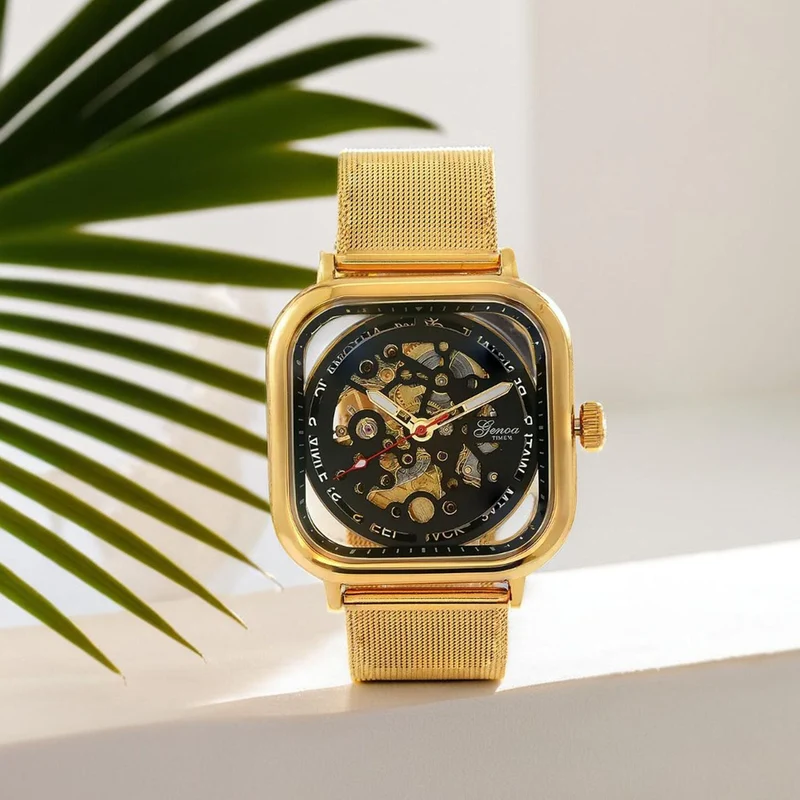 GENOA TIME V2 42mm Automatische Mechanikuhr - Schwarzes hohles Zifferblatt, Gehäuse aus Legierung mit IPS-Beschichtung, Edelstahl-Mesh-Armband, 3 ATM wasserdicht, Reiner Edelstahl 8.5 cm