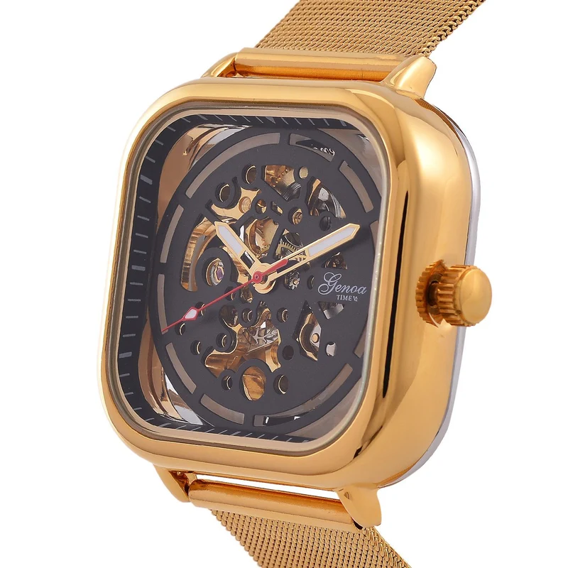 GENOA TIME V2 42mm Automatische Mechanikuhr - Schwarzes hohles Zifferblatt, Gehäuse aus Legierung mit IPS-Beschichtung, Edelstahl-Mesh-Armband, 3 ATM wasserdicht, Reiner Edelstahl 8.5 cm
