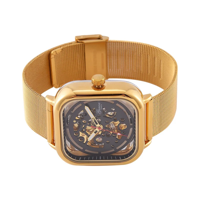 GENOA TIME V2 42mm Automatische Mechanikuhr - Schwarzes hohles Zifferblatt, Gehäuse aus Legierung mit IPS-Beschichtung, Edelstahl-Mesh-Armband, 3 ATM wasserdicht, Reiner Edelstahl 8.5 cm