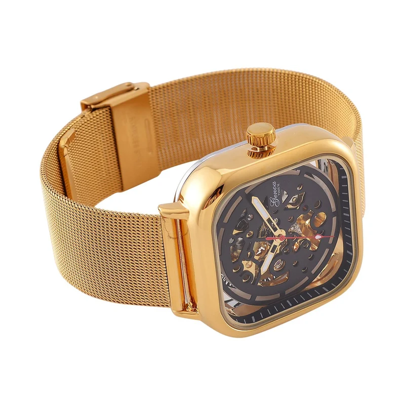 GENOA TIME V2 42mm Automatische Mechanikuhr - Schwarzes hohles Zifferblatt, Gehäuse aus Legierung mit IPS-Beschichtung, Edelstahl-Mesh-Armband, 3 ATM wasserdicht, Reiner Edelstahl 8.5 cm