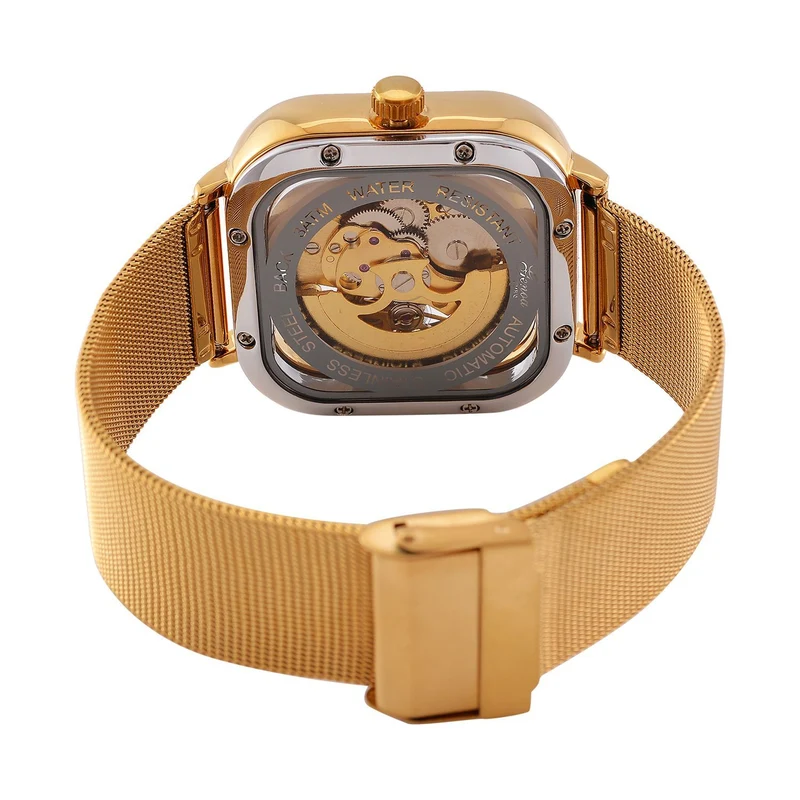 GENOA TIME V2 42mm Automatische Mechanikuhr - Schwarzes hohles Zifferblatt, Gehäuse aus Legierung mit IPS-Beschichtung, Edelstahl-Mesh-Armband, 3 ATM wasserdicht, Reiner Edelstahl 8.5 cm