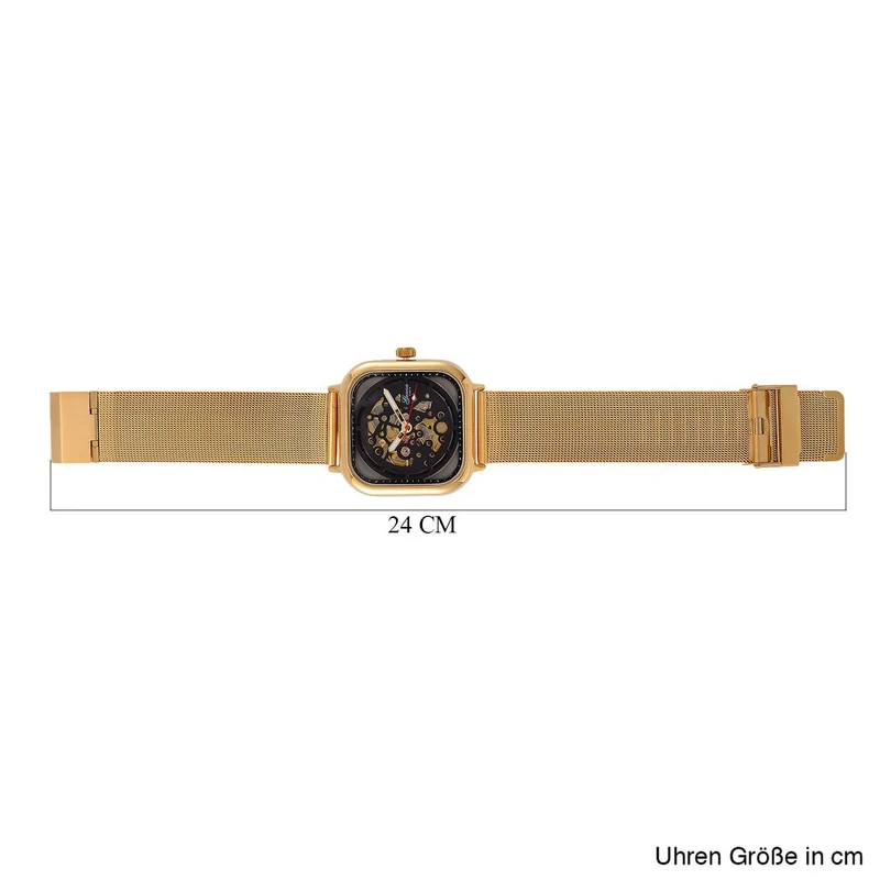 GENOA TIME V2 42mm Automatische Mechanikuhr - Schwarzes hohles Zifferblatt, Gehäuse aus Legierung mit IPS-Beschichtung, Edelstahl-Mesh-Armband, 3 ATM wasserdicht, Reiner Edelstahl 8.5 cm