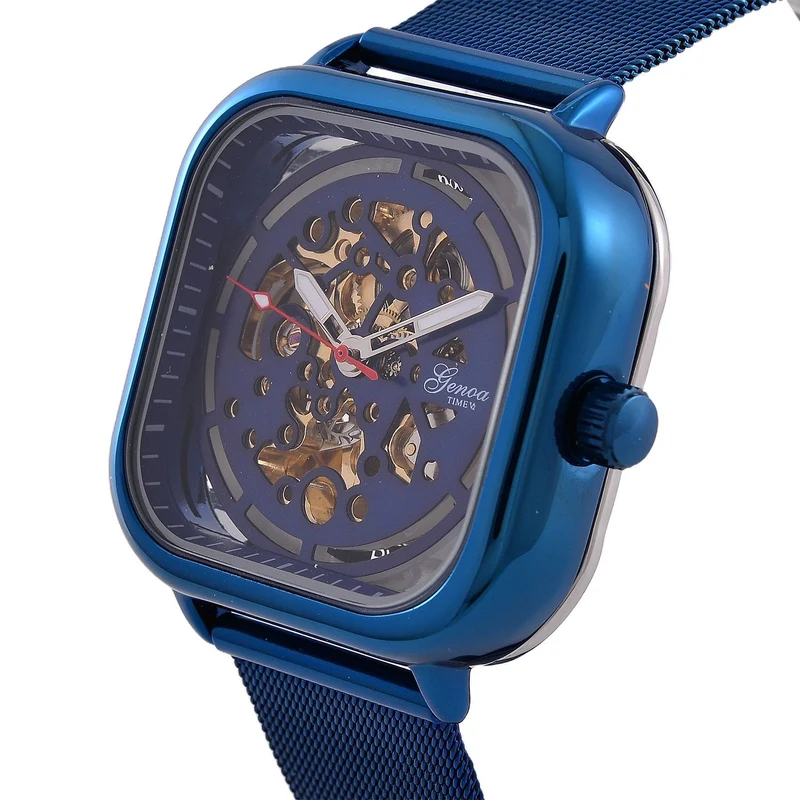 GENOA TIME V2 42mm Automatische Mechanikuhr - Schwarzes hohles Zifferblatt, Gehäuse aus Legierung mit IPS-Beschichtung, Edelstahl-Mesh-Armband, 3 ATM wasserdicht, Reiner Edelstahl 8.5 cm