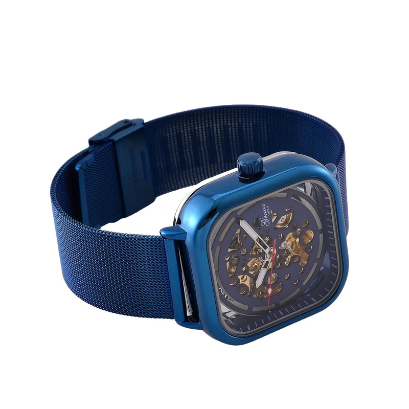 GENOA TIME V2 42mm Automatische Mechanikuhr - Schwarzes hohles Zifferblatt, Gehäuse aus Legierung mit IPS-Beschichtung, Edelstahl-Mesh-Armband, 3 ATM wasserdicht, Reiner Edelstahl 8.5 cm