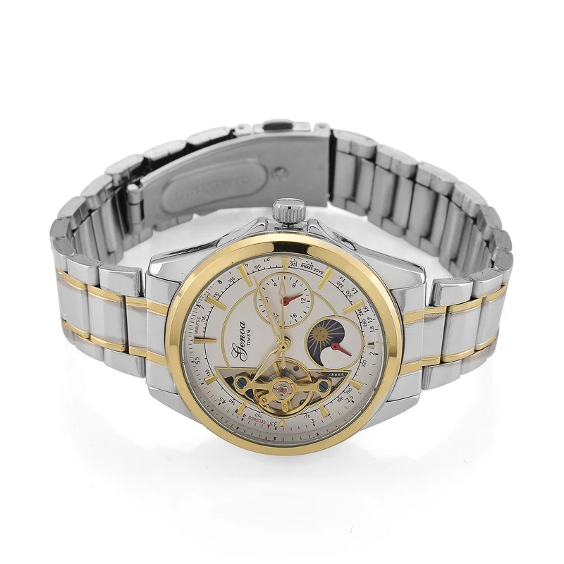 GENOA TIME V2 - Automatik-Armbanduhr, Mechanisches Uhrwerk, Edelstahlarmband, bicolor, Schwarzes Zifferblatt