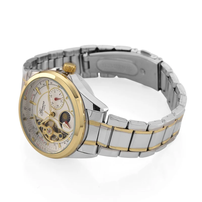 GENOA TIME V2 - Automatik-Armbanduhr, Mechanisches Uhrwerk, Edelstahlarmband, bicolor, Schwarzes Zifferblatt