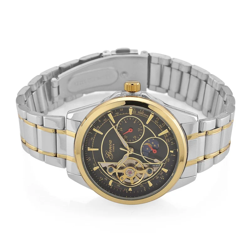 GENOA TIME V2 - Automatik-Armbanduhr, Mechanisches Uhrwerk, Edelstahlarmband, bicolor, Schwarzes Zifferblatt