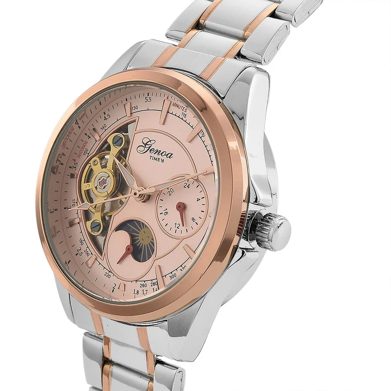 GENOA TIME V2 - Automatik-Armbanduhr, Mechanisches Uhrwerk, Edelstahlarmband, bicolor, Schwarzes Zifferblatt