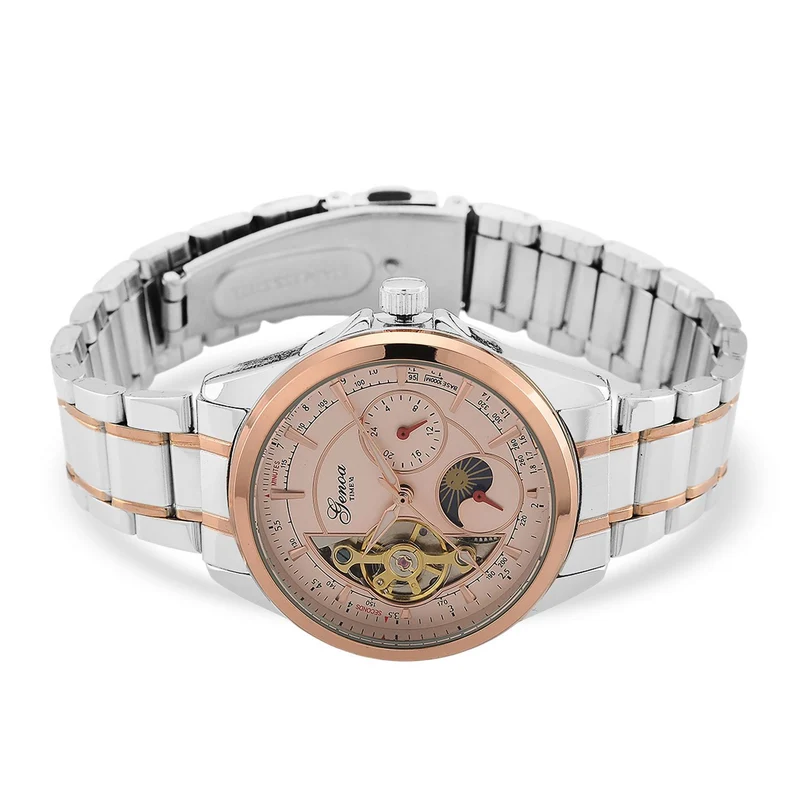 GENOA TIME V2 - Automatik-Armbanduhr, Mechanisches Uhrwerk, Edelstahlarmband, bicolor, Schwarzes Zifferblatt