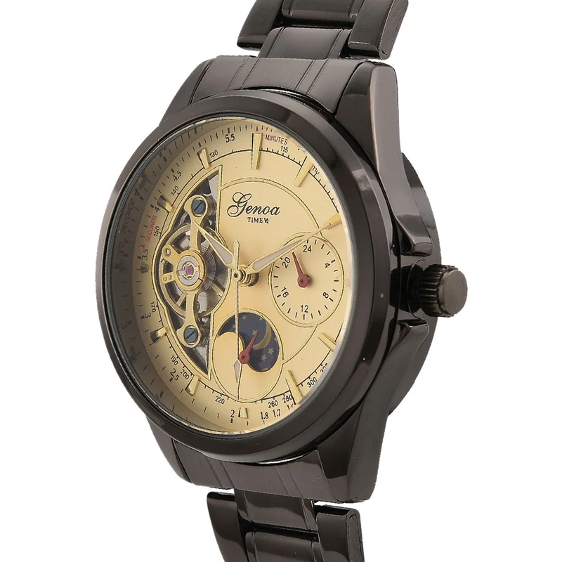 GENOA TIME V2 - Automatik-Armbanduhr, Mechanisches Uhrwerk, Edelstahlarmband, bicolor, Schwarzes Zifferblatt