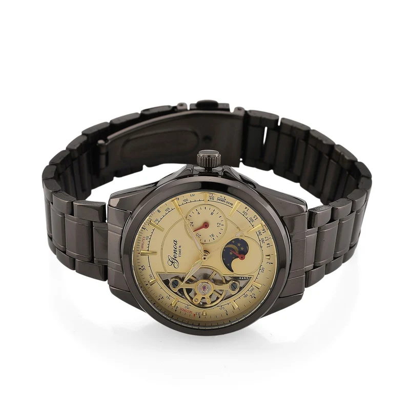 GENOA TIME V2 - Automatik-Armbanduhr, Mechanisches Uhrwerk, Edelstahlarmband, bicolor, Schwarzes Zifferblatt