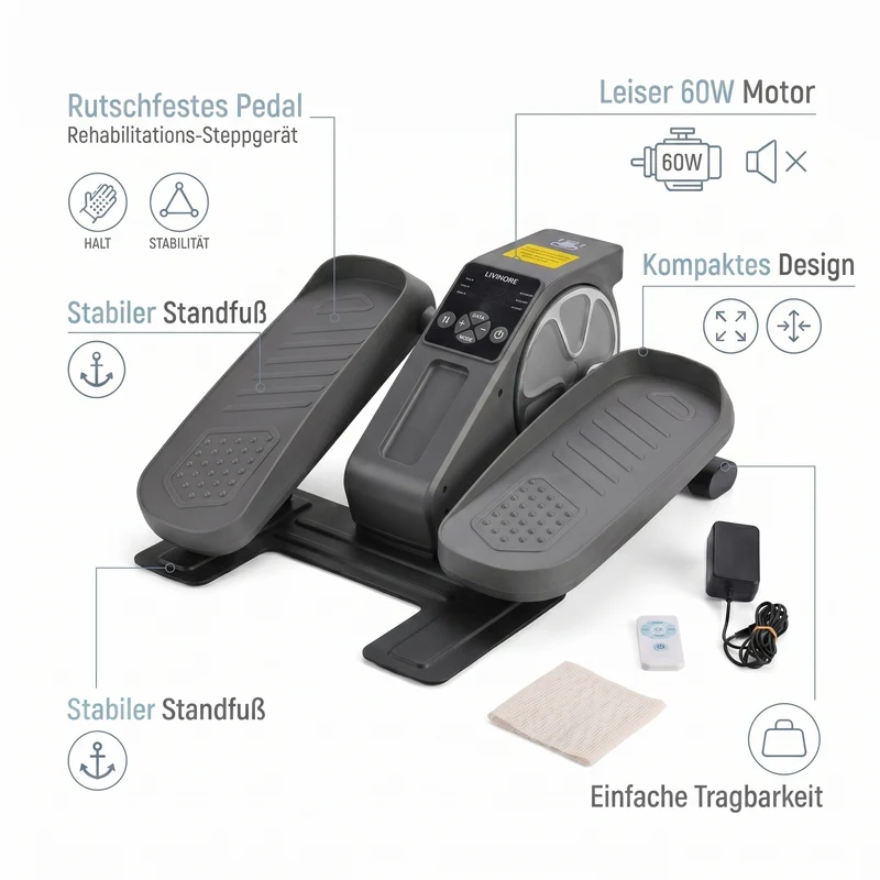 LIVMORE Elektro Fitness Stepper für zuhause, sanftes Training, leise, LCD Display, Fernbedienung, Anti Rutsch Pedale, Schwarz, 1 Jahr Garantie inkl.