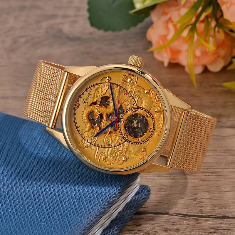 GENOA TIME V2 - Automatische mechanische Uhr mit Drachenmuster und Edelstahl-Mesharmband, 23 cm, schwarz, ca. 89,00g