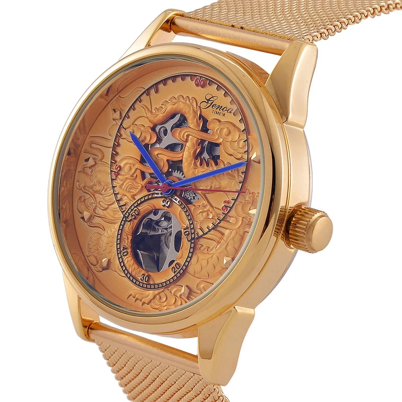 GENOA TIME V2 - Automatische mechanische Uhr mit Drachenmuster und Edelstahl-Mesharmband, 23 cm, schwarz, ca. 89,00g