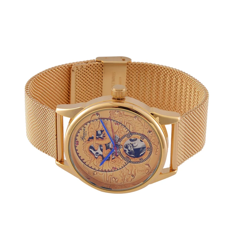 GENOA TIME V2 - Automatische mechanische Uhr mit Drachenmuster und Edelstahl-Mesharmband, 23 cm, schwarz, ca. 89,00g
