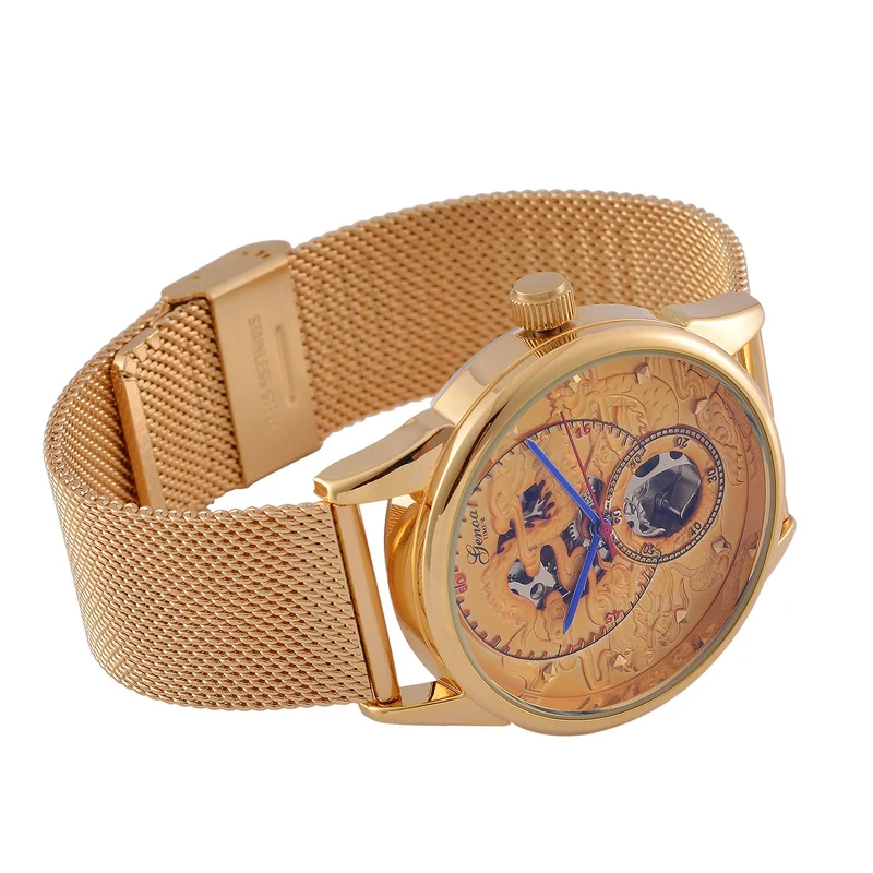 GENOA TIME V2 - Automatische mechanische Uhr mit Drachenmuster und Edelstahl-Mesharmband, 23 cm, schwarz, ca. 89,00g