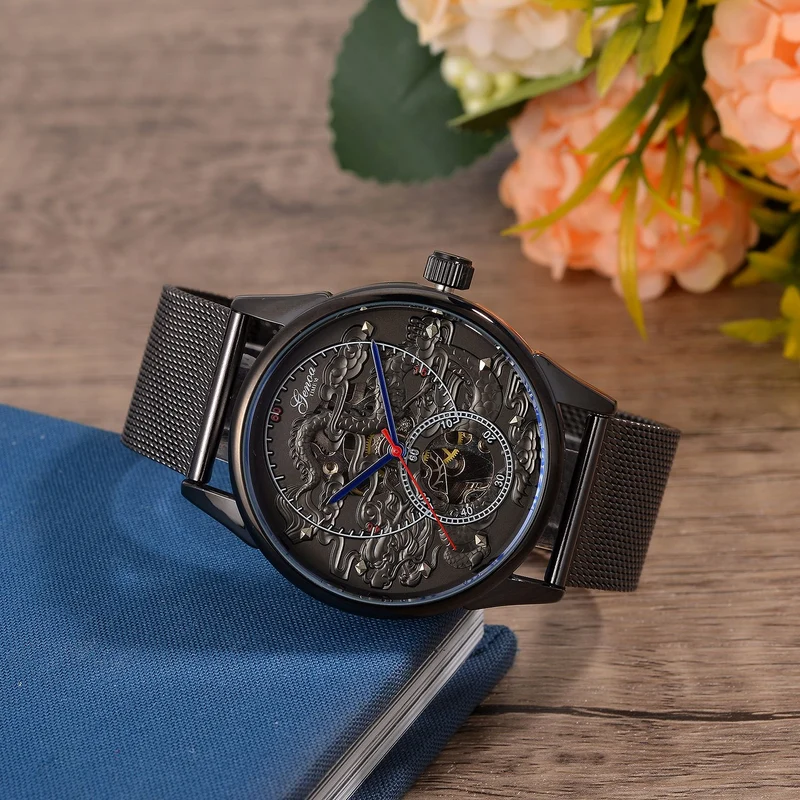 GENOA TIME V2 - Automatische mechanische Uhr mit Drachenmuster und Edelstahl-Mesharmband, 23 cm, schwarz, ca. 89,00g