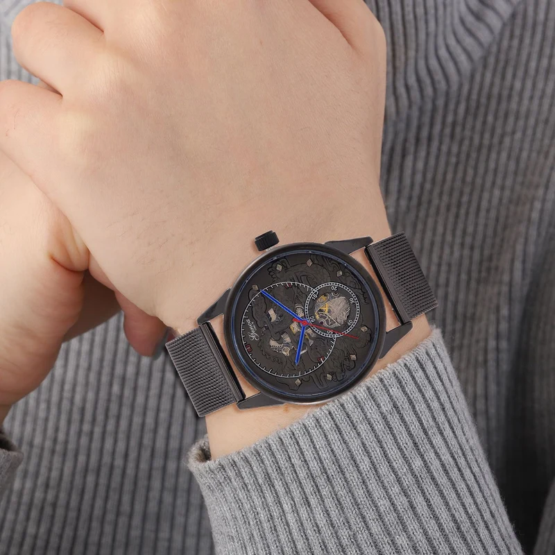 GENOA TIME V2 - Automatische mechanische Uhr mit Drachenmuster und Edelstahl-Mesharmband, 23 cm, schwarz, ca. 89,00g
