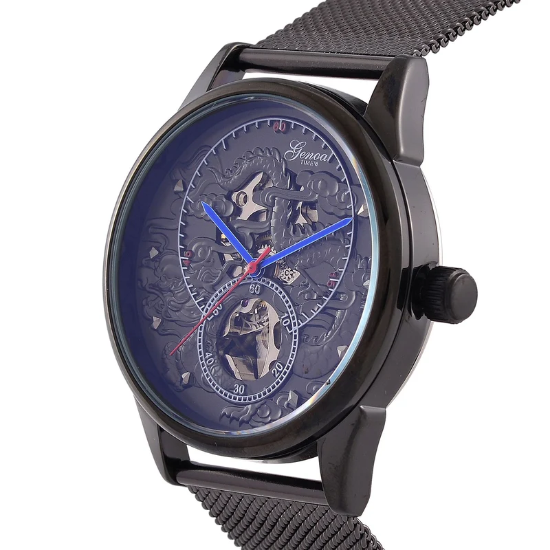 GENOA TIME V2 - Automatische mechanische Uhr mit Drachenmuster und Edelstahl-Mesharmband, 23 cm, schwarz, ca. 89,00g