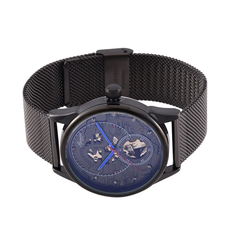GENOA TIME V2 - Automatische mechanische Uhr mit Drachenmuster und Edelstahl-Mesharmband, 23 cm, schwarz, ca. 89,00g