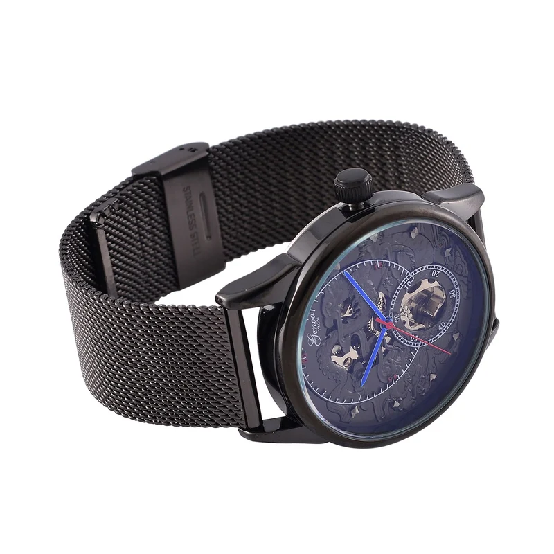 GENOA TIME V2 - Automatische mechanische Uhr mit Drachenmuster und Edelstahl-Mesharmband, 23 cm, schwarz, ca. 89,00g