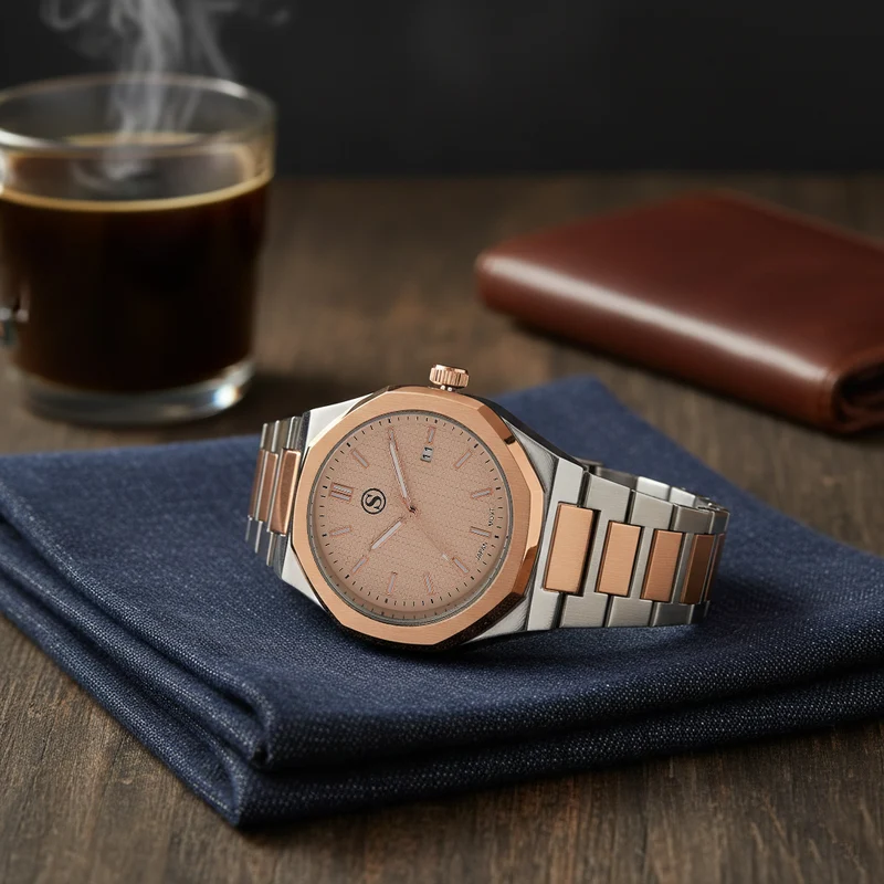 STRADA - Armbanduhr mit japanischem Uhrwerk und Datumsanzeige, Legierungsgehäuse Sandstrahleffekt, bicolor, Rosefarben