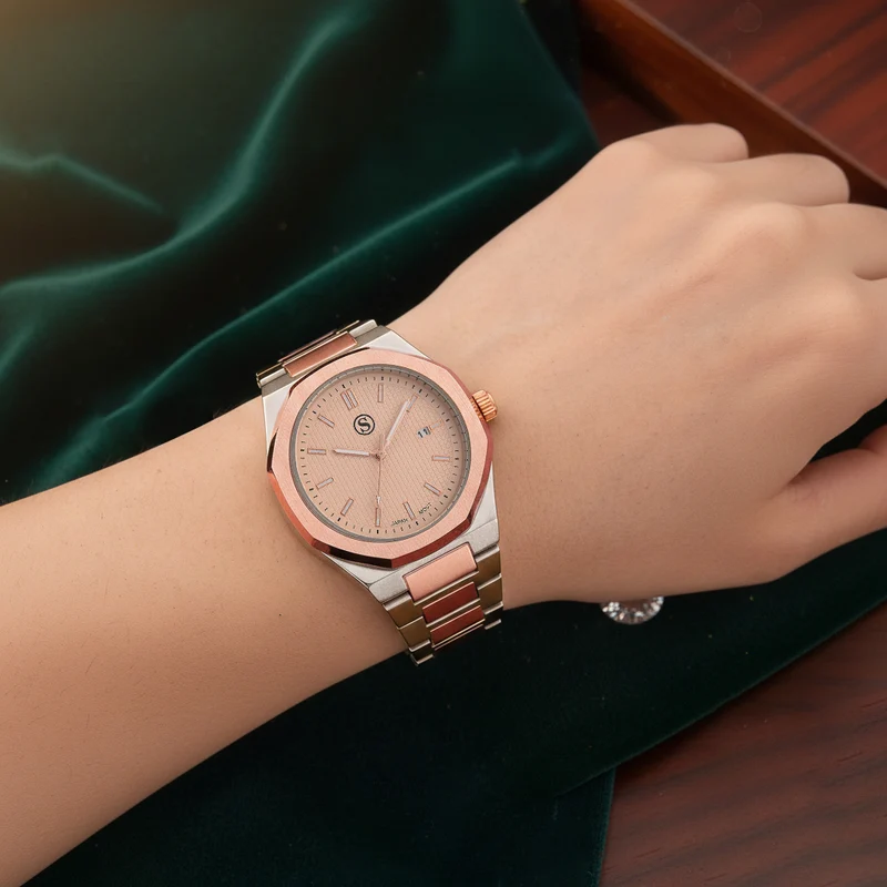 STRADA - Armbanduhr mit japanischem Uhrwerk und Datumsanzeige, Legierungsgehäuse Sandstrahleffekt, bicolor, Rosefarben
