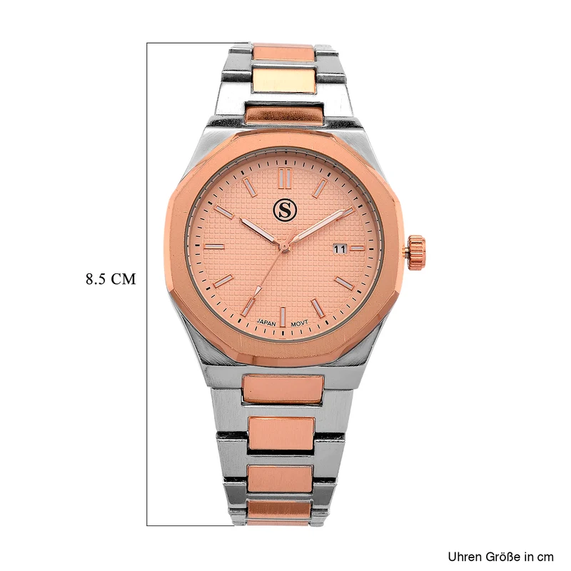 STRADA - Armbanduhr mit japanischem Uhrwerk und Datumsanzeige, Legierungsgehäuse Sandstrahleffekt, bicolor, Rosefarben