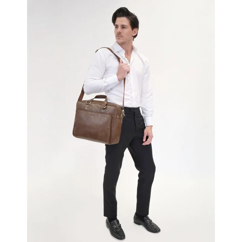 Pierre Cardin Men's Leather Rustic Business/Laptop Shoulder Bag 41x29cm Oak