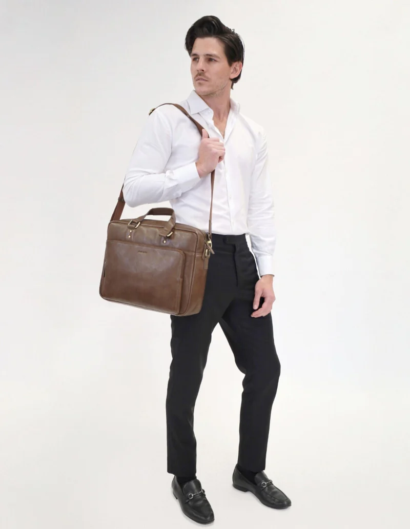 Pierre Cardin Men's Leather Rustic Business/Laptop Shoulder Bag 41x29cm Oak