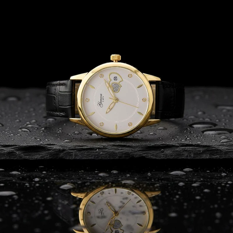 GENOA - Automatik-Armbanduhr mit Herz-Design und Datumsanzeige, Dandong-Uhrwerk, Weißes Zifferblatt, Goldfarben, Brauners Lederarmband, 36 mm