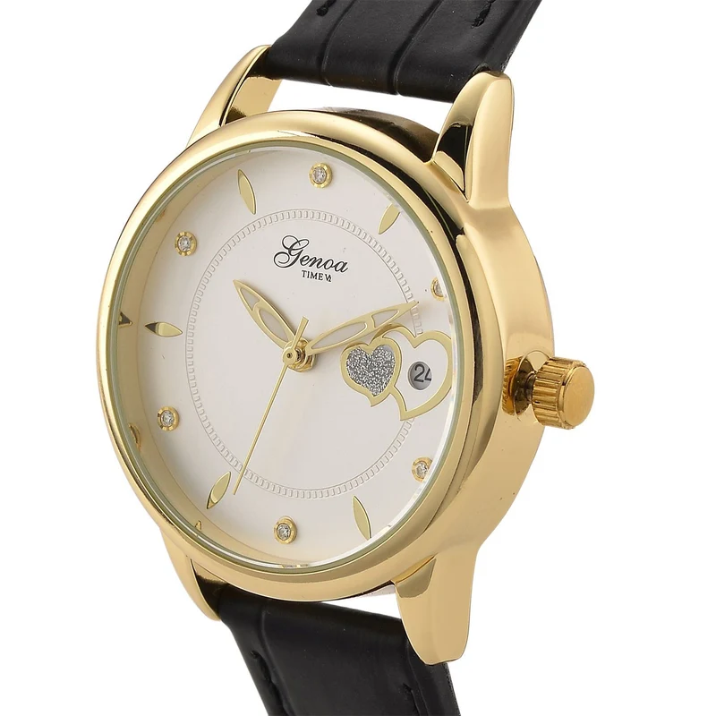 GENOA - Automatik-Armbanduhr mit Herz-Design und Datumsanzeige, Dandong-Uhrwerk, Weißes Zifferblatt, Goldfarben, Brauners Lederarmband, 36 mm