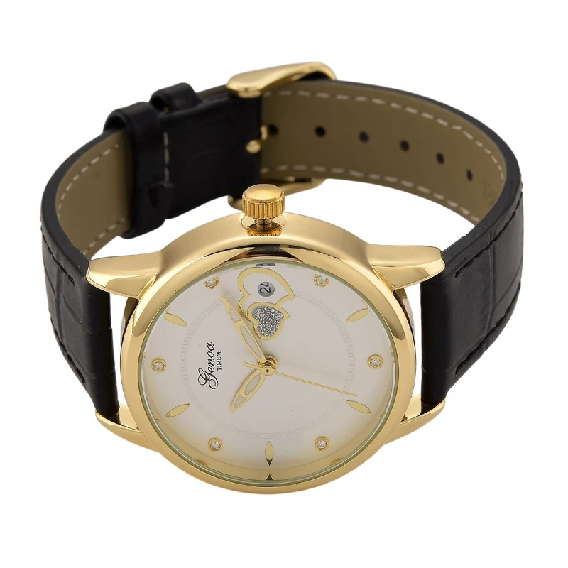 GENOA - Automatik-Armbanduhr mit Herz-Design und Datumsanzeige, Dandong-Uhrwerk, Weißes Zifferblatt, Goldfarben, Brauners Lederarmband, 36 mm
