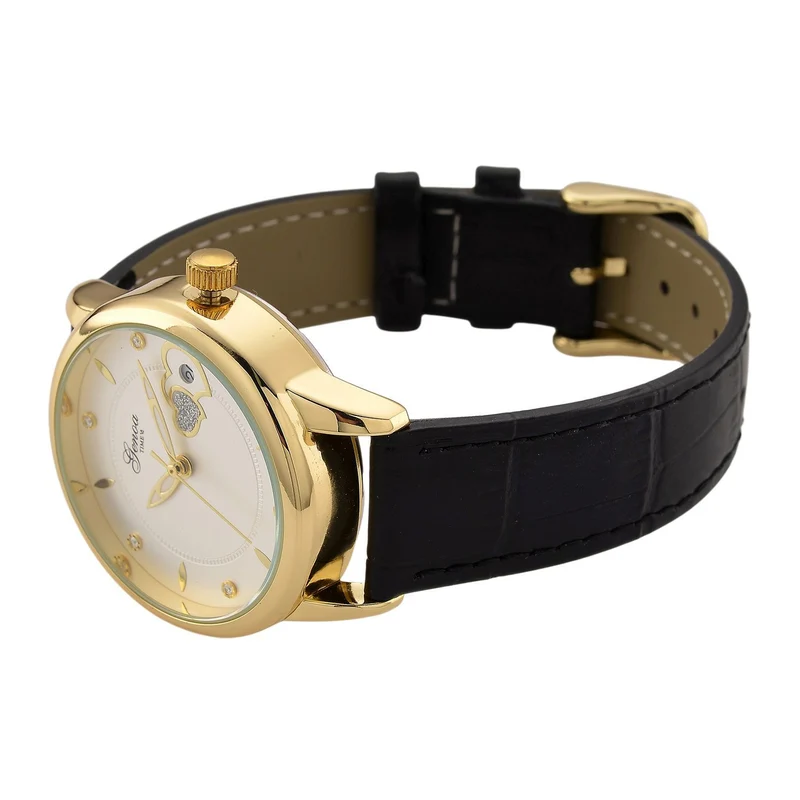 GENOA - Automatik-Armbanduhr mit Herz-Design und Datumsanzeige, Dandong-Uhrwerk, Weißes Zifferblatt, Goldfarben, Brauners Lederarmband, 36 mm