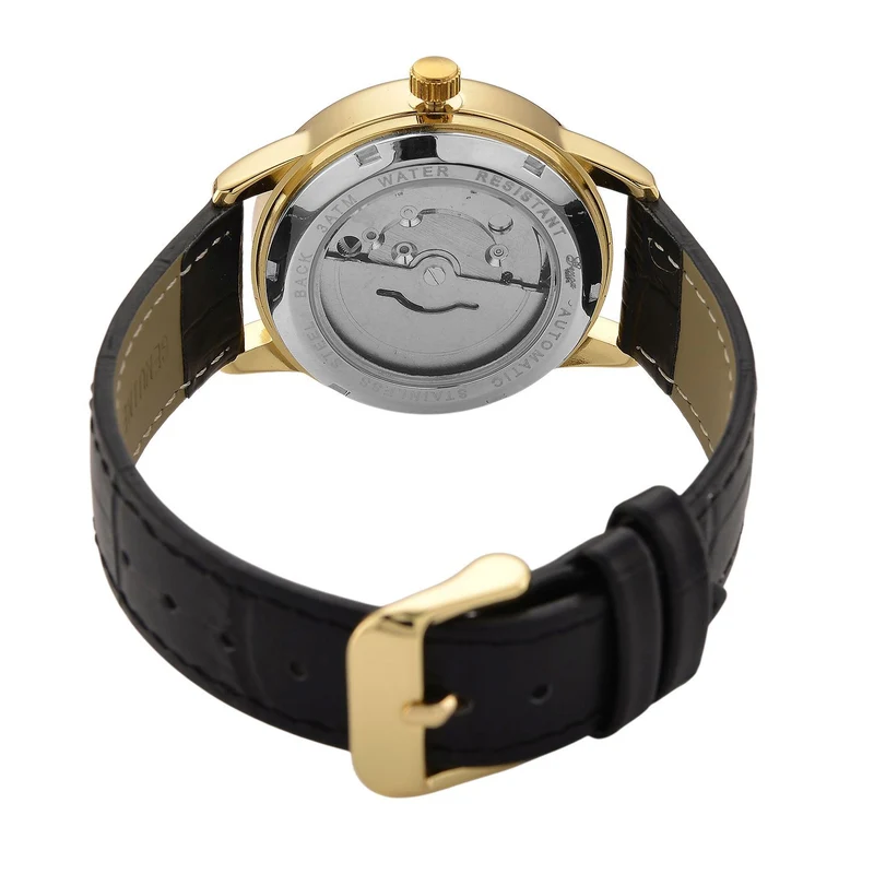 GENOA - Automatik-Armbanduhr mit Herz-Design und Datumsanzeige, Dandong-Uhrwerk, Weißes Zifferblatt, Goldfarben, Brauners Lederarmband, 36 mm