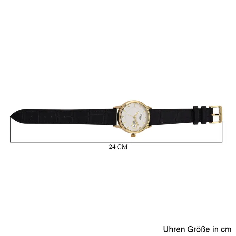 GENOA - Automatik-Armbanduhr mit Herz-Design und Datumsanzeige, Dandong-Uhrwerk, Weißes Zifferblatt, Goldfarben, Brauners Lederarmband, 36 mm