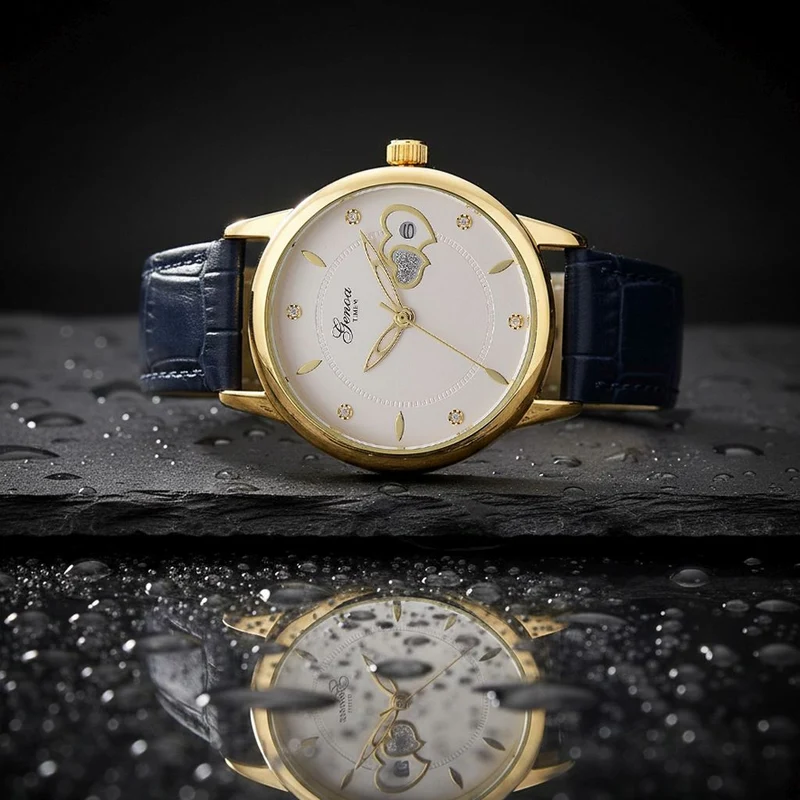 GENOA - Automatik-Armbanduhr mit Herz-Design und Datumsanzeige, Dandong-Uhrwerk, Weißes Zifferblatt, Goldfarben, Brauners Lederarmband, 36 mm