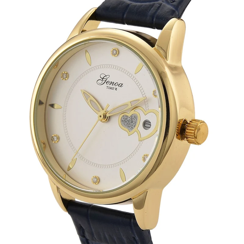 GENOA - Automatik-Armbanduhr mit Herz-Design und Datumsanzeige, Dandong-Uhrwerk, Weißes Zifferblatt, Goldfarben, Brauners Lederarmband, 36 mm