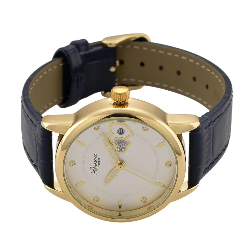 GENOA - Automatik-Armbanduhr mit Herz-Design und Datumsanzeige, Dandong-Uhrwerk, Weißes Zifferblatt, Goldfarben, Brauners Lederarmband, 36 mm