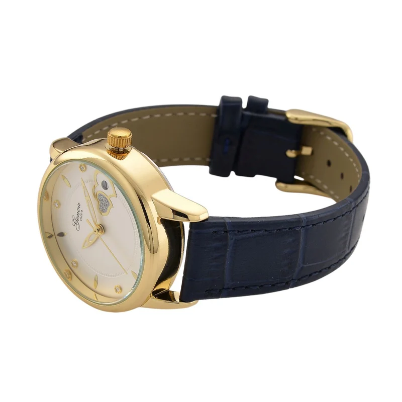 GENOA - Automatik-Armbanduhr mit Herz-Design und Datumsanzeige, Dandong-Uhrwerk, Weißes Zifferblatt, Goldfarben, Brauners Lederarmband, 36 mm