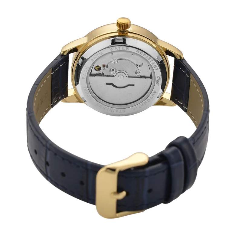 GENOA - Automatik-Armbanduhr mit Herz-Design und Datumsanzeige, Dandong-Uhrwerk, Weißes Zifferblatt, Goldfarben, Brauners Lederarmband, 36 mm