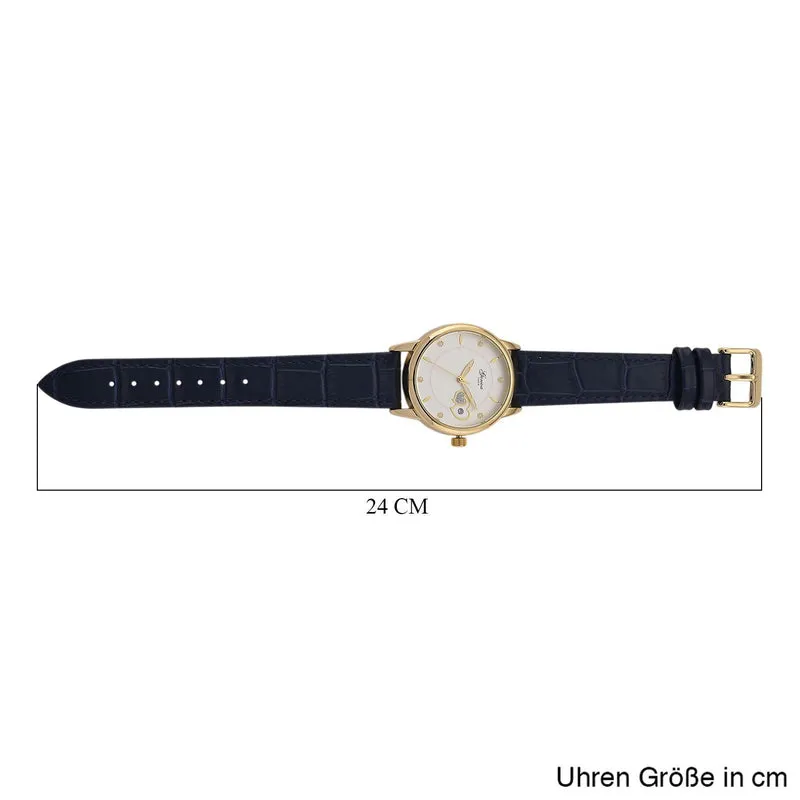 GENOA - Automatik-Armbanduhr mit Herz-Design und Datumsanzeige, Dandong-Uhrwerk, Weißes Zifferblatt, Goldfarben, Brauners Lederarmband, 36 mm