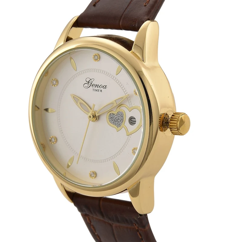 GENOA - Automatik-Armbanduhr mit Herz-Design und Datumsanzeige, Dandong-Uhrwerk, Weißes Zifferblatt, Goldfarben, Brauners Lederarmband, 36 mm