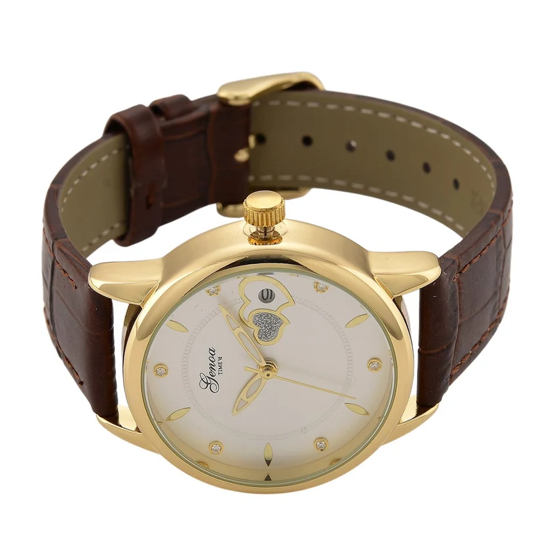 GENOA - Automatik-Armbanduhr mit Herz-Design und Datumsanzeige, Dandong-Uhrwerk, Weißes Zifferblatt, Goldfarben, Brauners Lederarmband, 36 mm