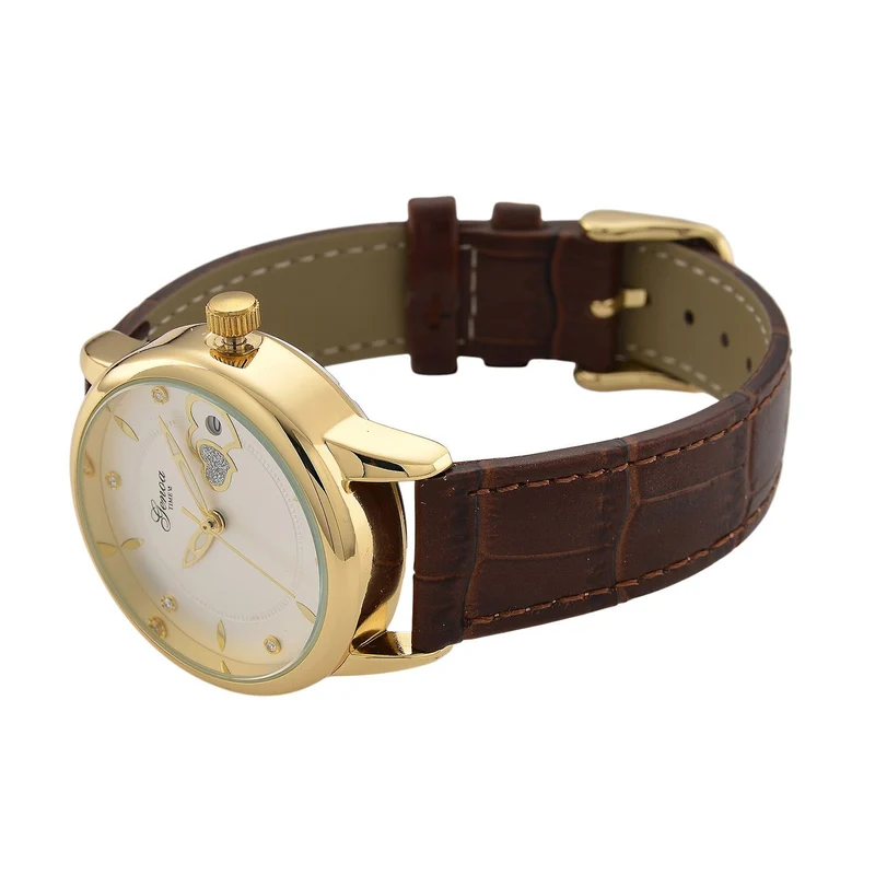 GENOA - Automatik-Armbanduhr mit Herz-Design und Datumsanzeige, Dandong-Uhrwerk, Weißes Zifferblatt, Goldfarben, Brauners Lederarmband, 36 mm