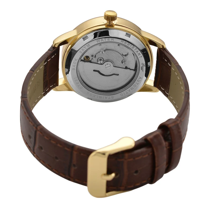 GENOA - Automatik-Armbanduhr mit Herz-Design und Datumsanzeige, Dandong-Uhrwerk, Weißes Zifferblatt, Goldfarben, Brauners Lederarmband, 36 mm